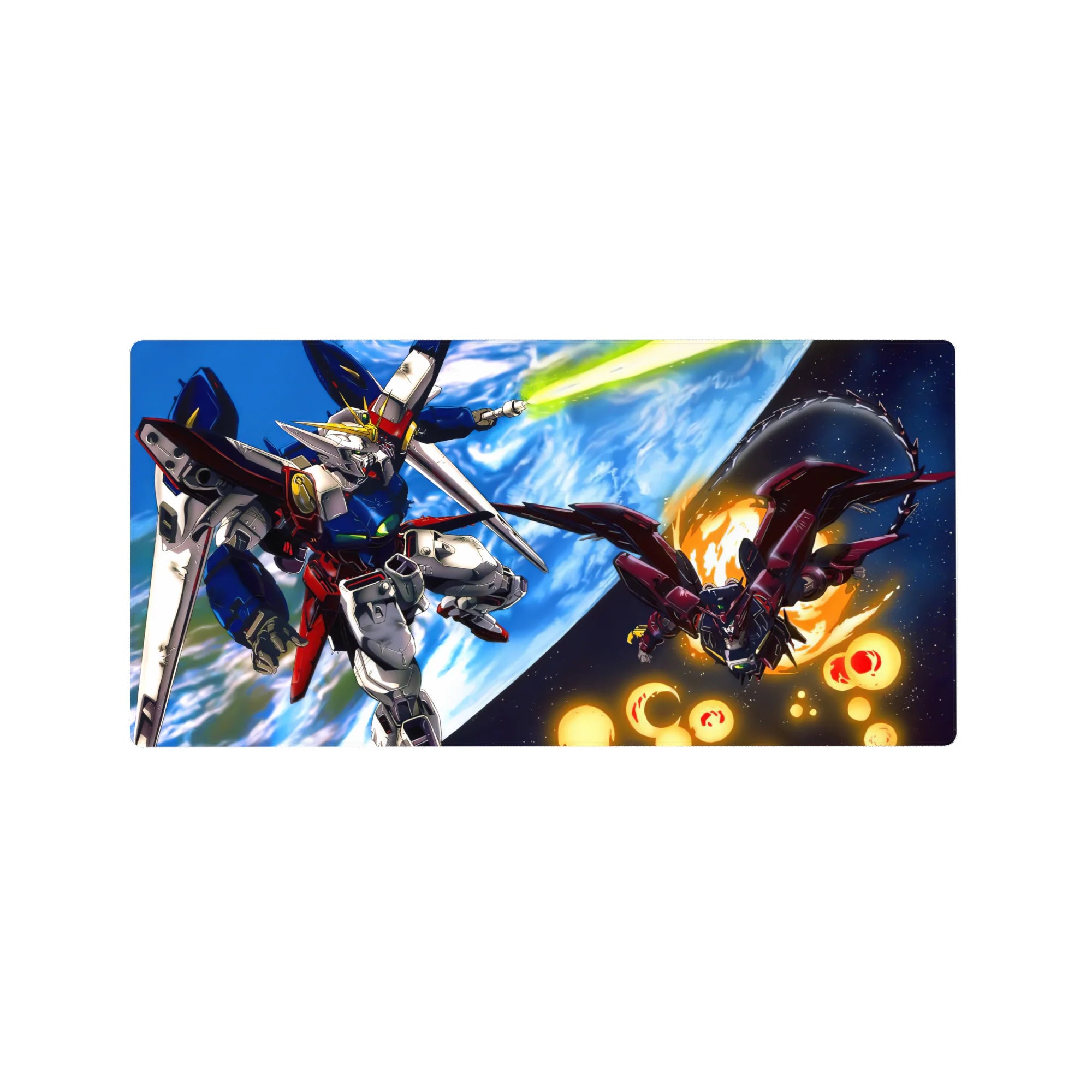 32x16 inches anime mouse pad with Gundam mecha space battle art over Earth, jets and blades in action.
