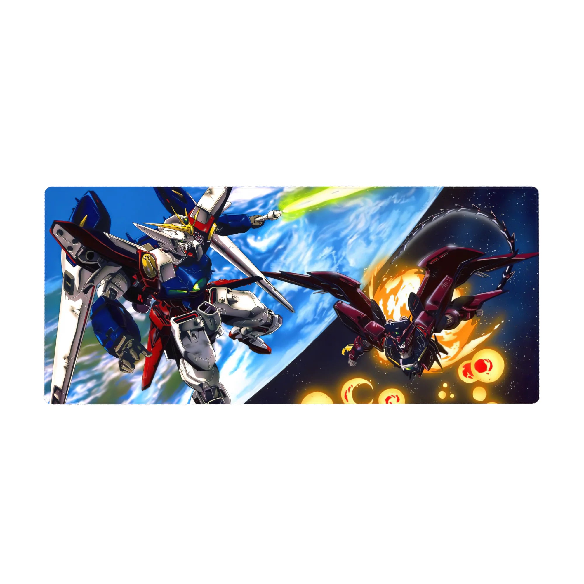 36x16 inches anime desk pad with Gundam Wing space battle art, Wing Gundam vs Epyon over Earth.