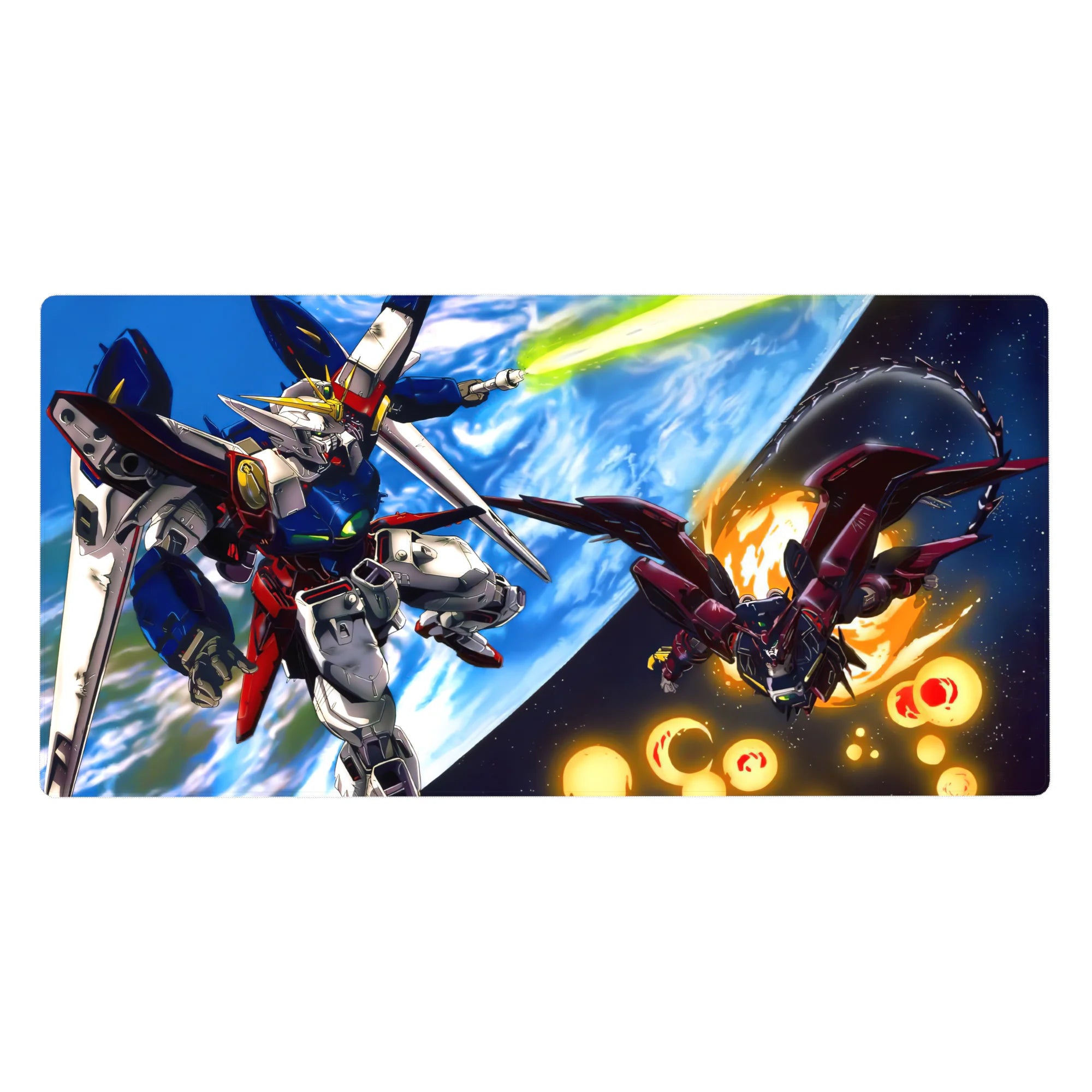 Anime desk pad 40x20 inches with Gundam Wing space battle art, Wing Gundam vs Epyon above Earth.