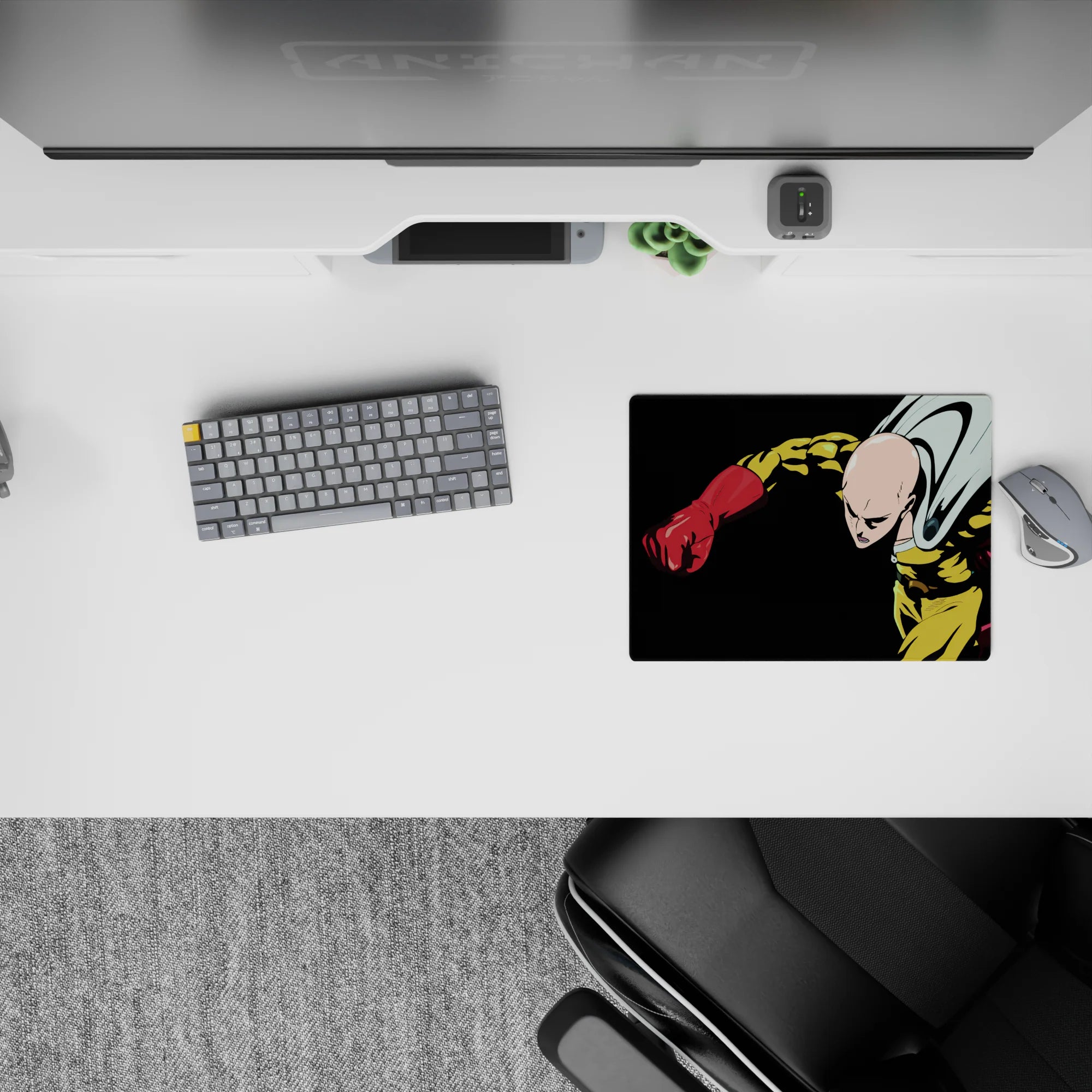 Deep black backdrop anime mouse pad 14x10 inches with yellow suit, red gloves, stormy cape energy.