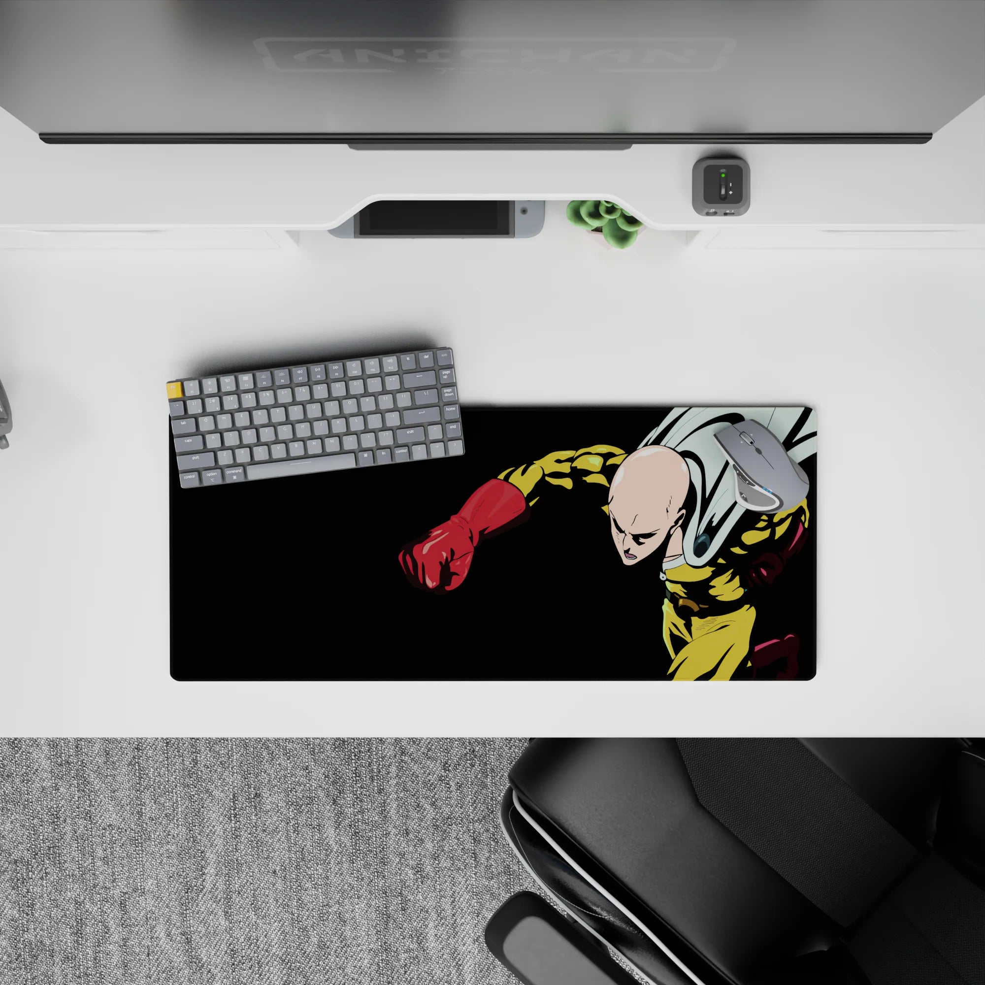 28x12 inches anime mouse pad in bold yellow and red against black, sharp chunky shadows, intense energy.