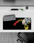 28x12 inches anime mouse pad in bold yellow and red against black, sharp chunky shadows, intense energy.