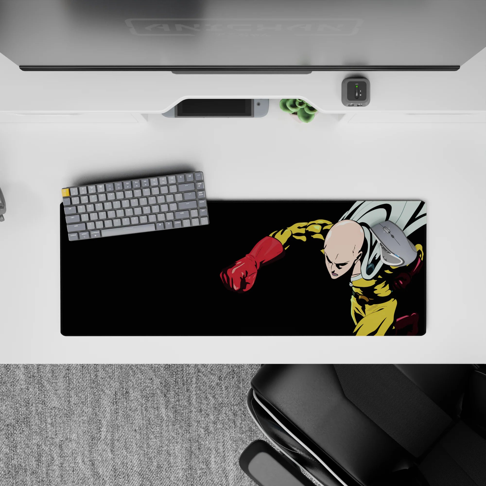 32x12 inches anime mouse pad in deep black with bright yellow suit and glossy red gloves, intense action vibe.