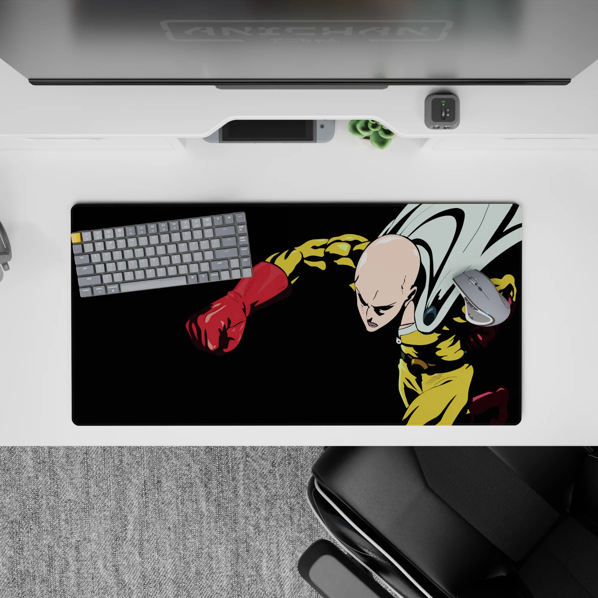 32x16 inches anime mouse pad in deep black with bright yellow suit and glossy red gloves, intense action vibe.