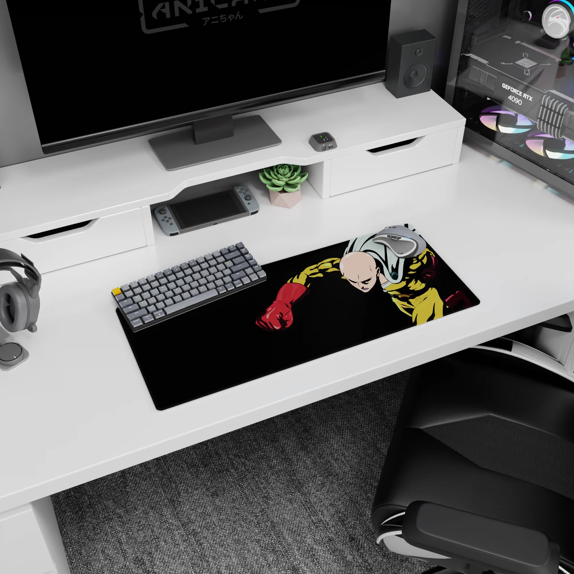 28x12 inches One Punch Man mouse pad showing Saitama with cape snapping, fist forward, calm stare.