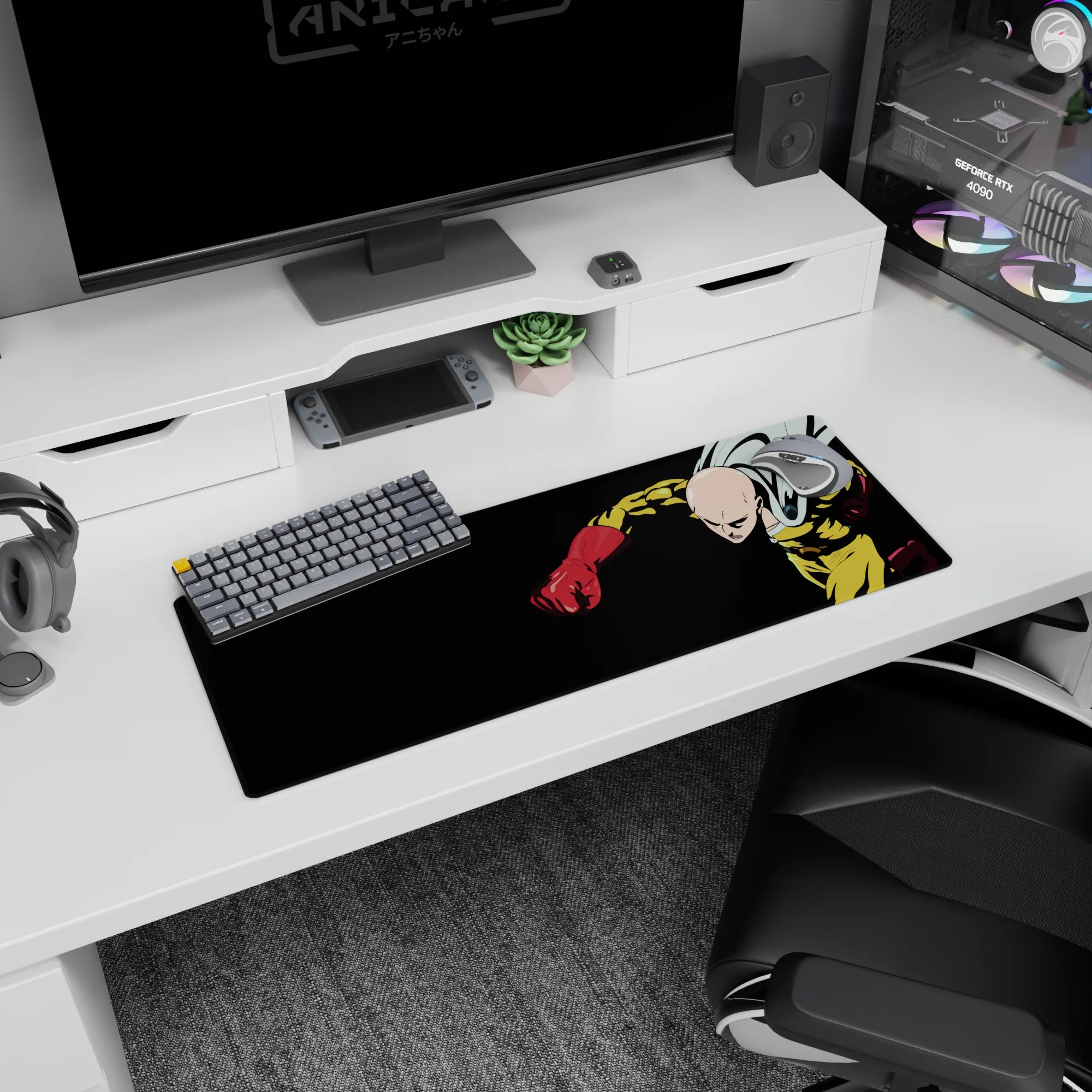 32x12 inches One Punch Man mouse pad showing Saitama rocketing forward, cape snapping, fist in focus.