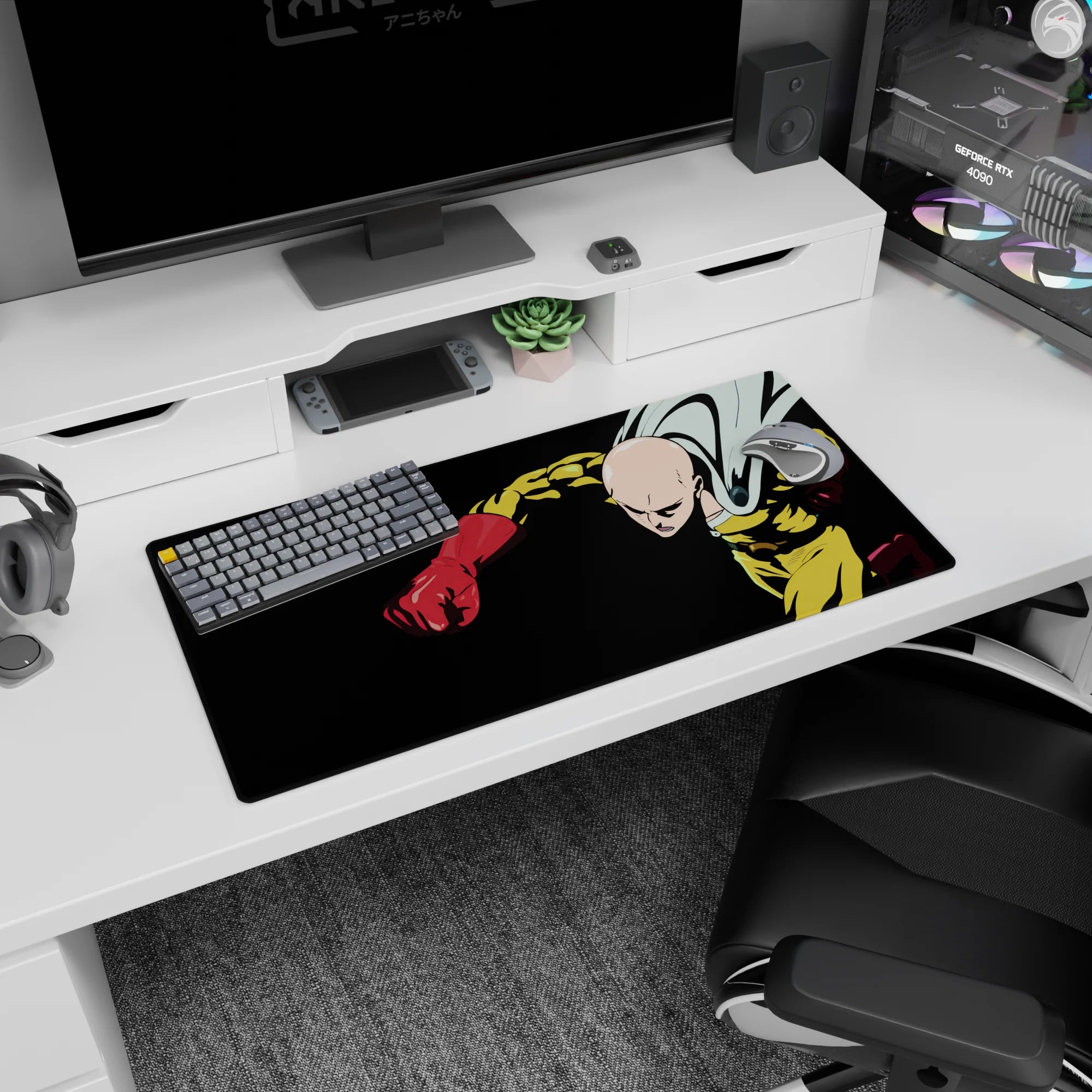 32x16 inches One Punch Man mouse pad showing Saitama rushing forward, cape snapping, fist dominating the scene.