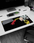 32x16 inches One Punch Man mouse pad showing Saitama rushing forward, cape snapping, fist dominating the scene.