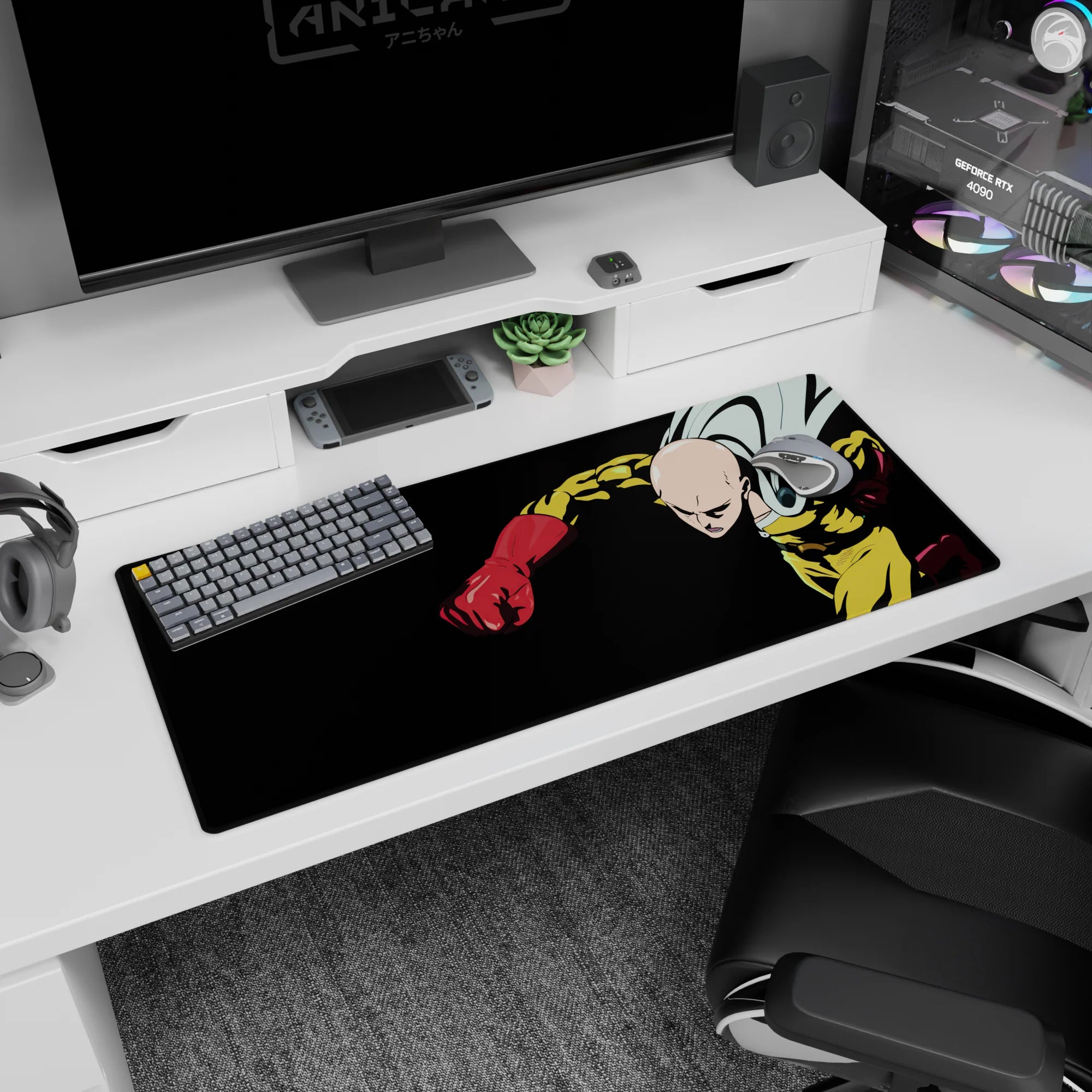 36x16 inches One Punch Man desk pad showing Saitama rocketing forward, cape snapping, fist in focus.