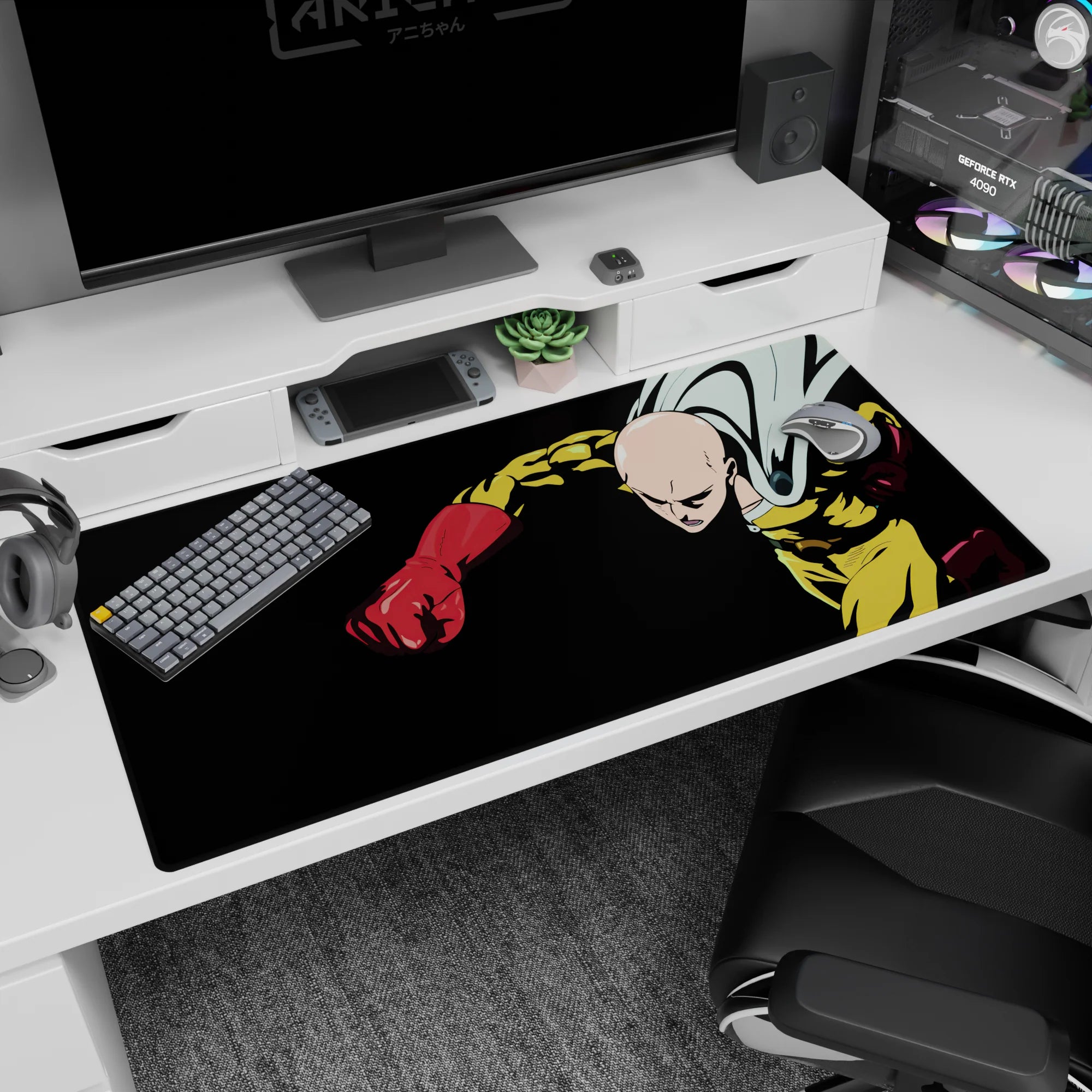 Saitama rockets forward, cape snapping, fist centered on anime desk pad 40x20 inches.