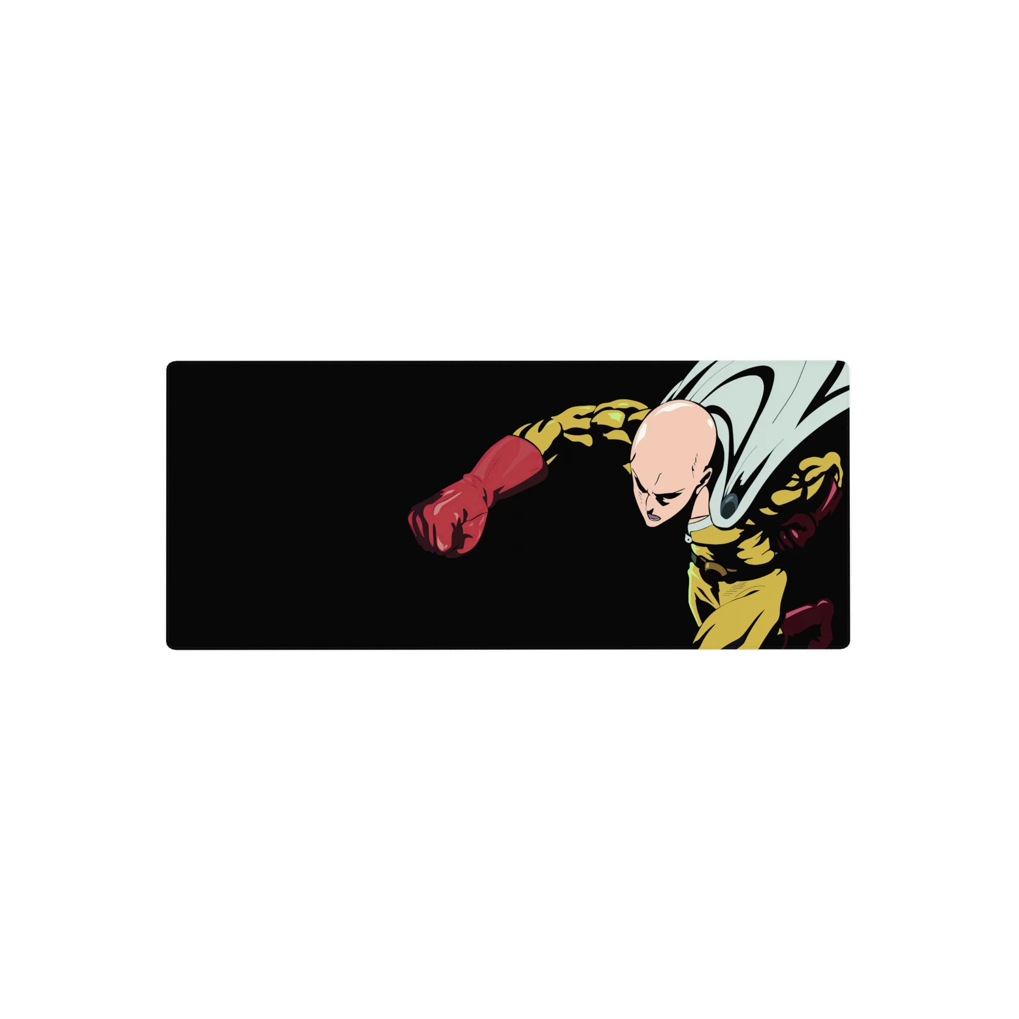 28x12 inches anime mouse pad with Saitama punching on a deep black backdrop, clean linework and shadows.