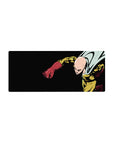 28x12 inches anime mouse pad with Saitama punching on a deep black backdrop, clean linework and shadows.