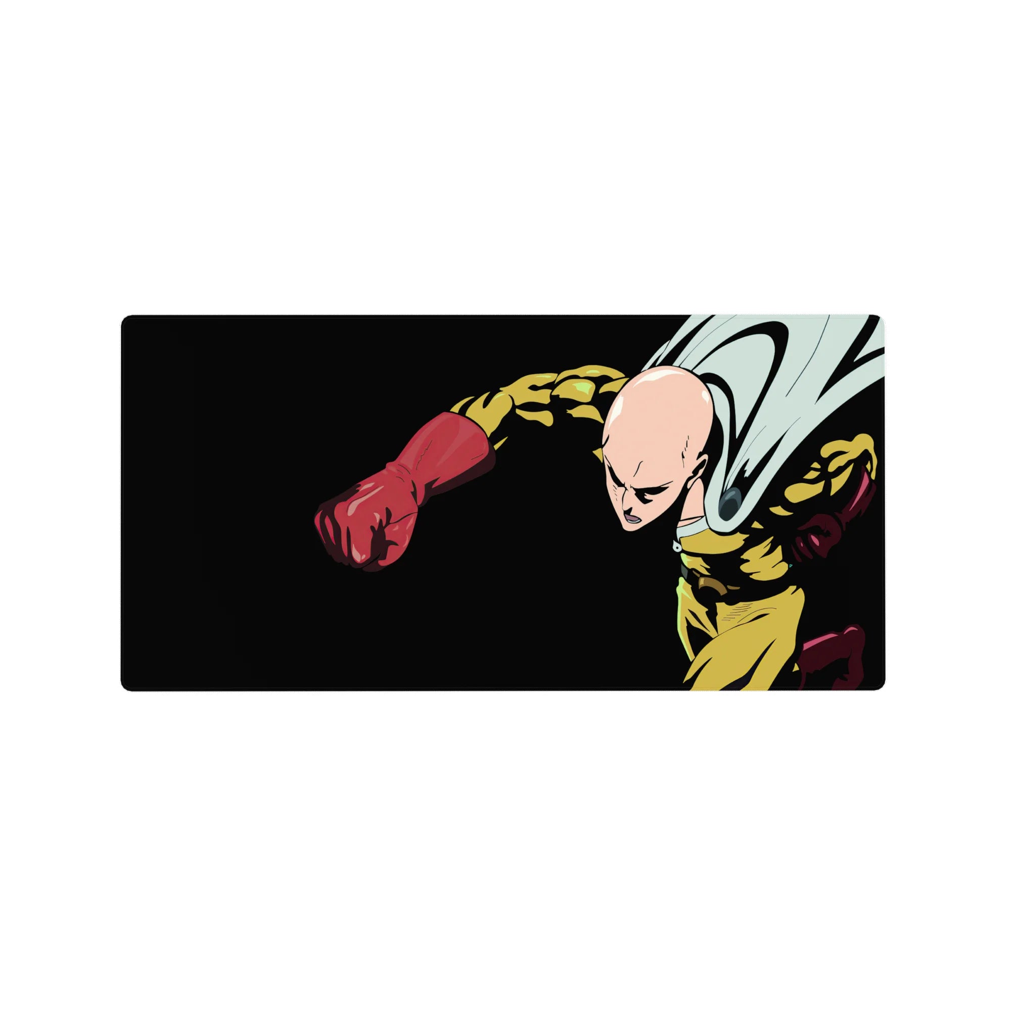 32x16 inches anime mouse pad featuring Saitama on a black backdrop with bold linework and sharp shadows.