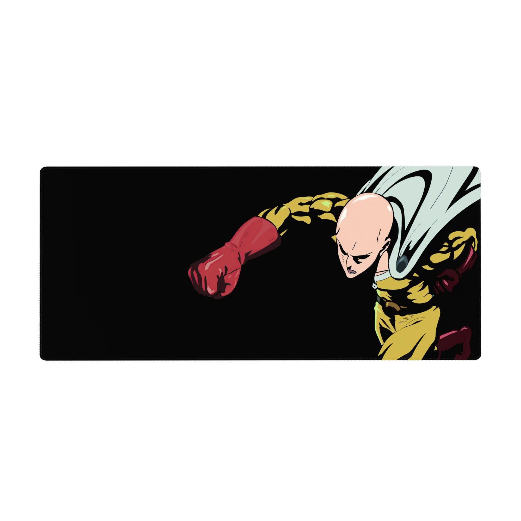 36x16 inches anime desk pad with Saitama punch design on deep black backdrop, bold linework and shadows.