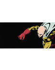 36x16 inches anime desk pad with Saitama punch design on deep black backdrop, bold linework and shadows.