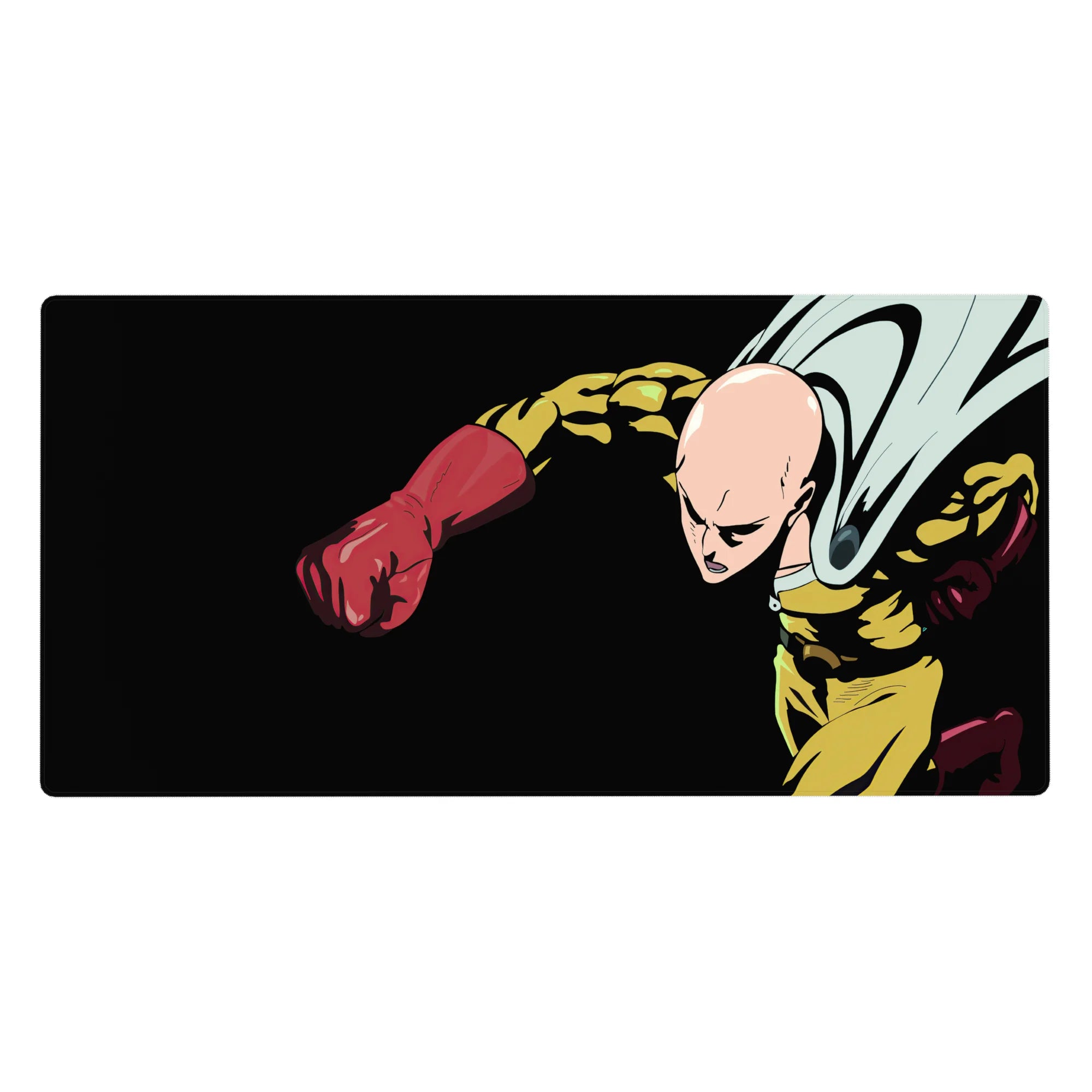 One Punch Man anime desk pad 40x20 inches with Saitama punch pose on deep black background.