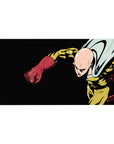 One Punch Man anime desk pad 40x20 inches with Saitama punch pose on deep black background.