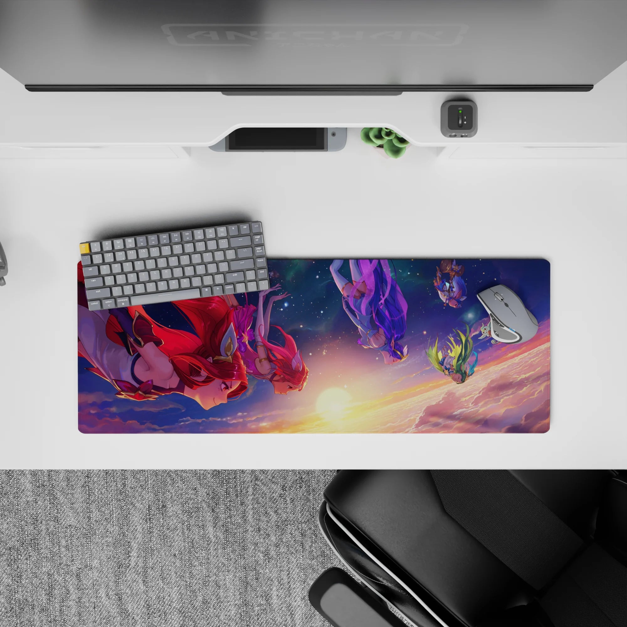 Cute desk pad 32x12 inches in deep navy and gold sunrise with red-violet hair, cozy romantic vibe.
