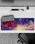Cute desk pad 32x12 inches in deep navy and gold sunrise with red-violet hair, cozy romantic vibe.