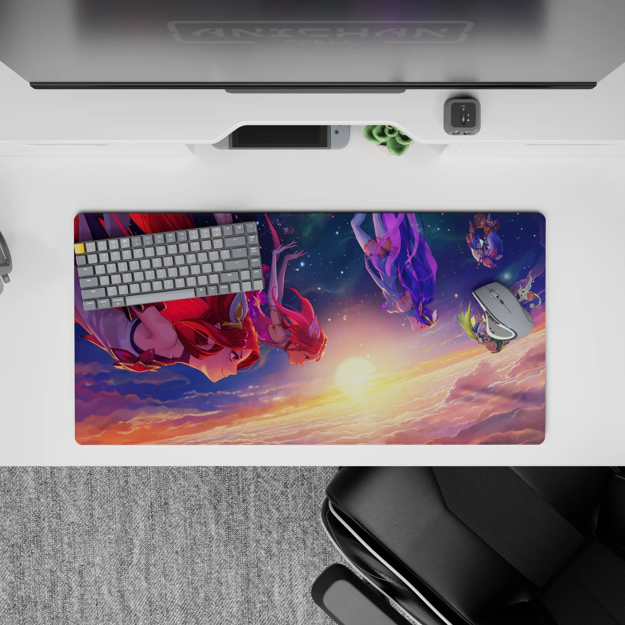 Anime girl desk pad 32x16 inches in deep navy, gold horizon glow, red-violet hair, cozy romantic mood.