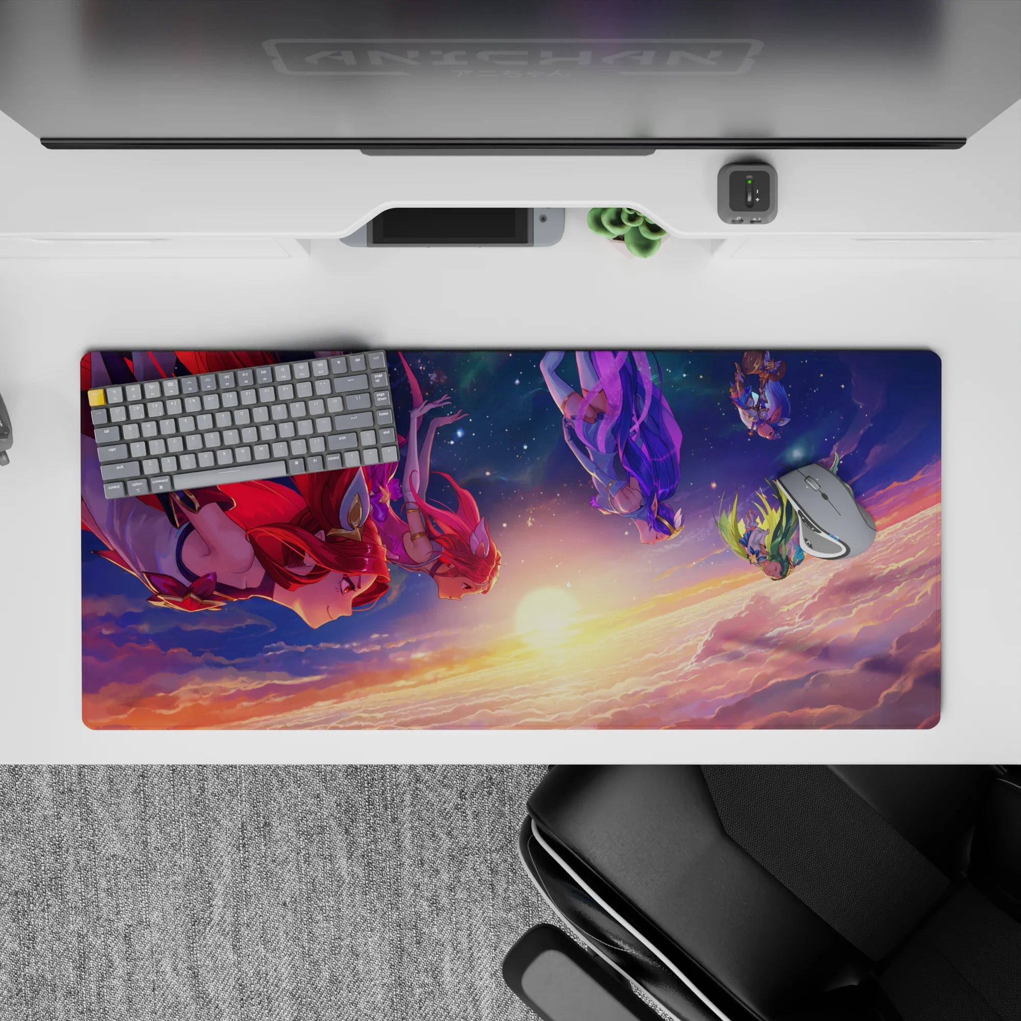Anime girl mouse pad 36x16 inches in deep navy sky, gold horizon glow, and red-violet comet hair.