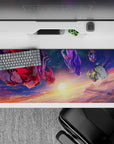 Anime girl mouse pad 36x16 inches in deep navy sky, gold horizon glow, and red-violet comet hair.