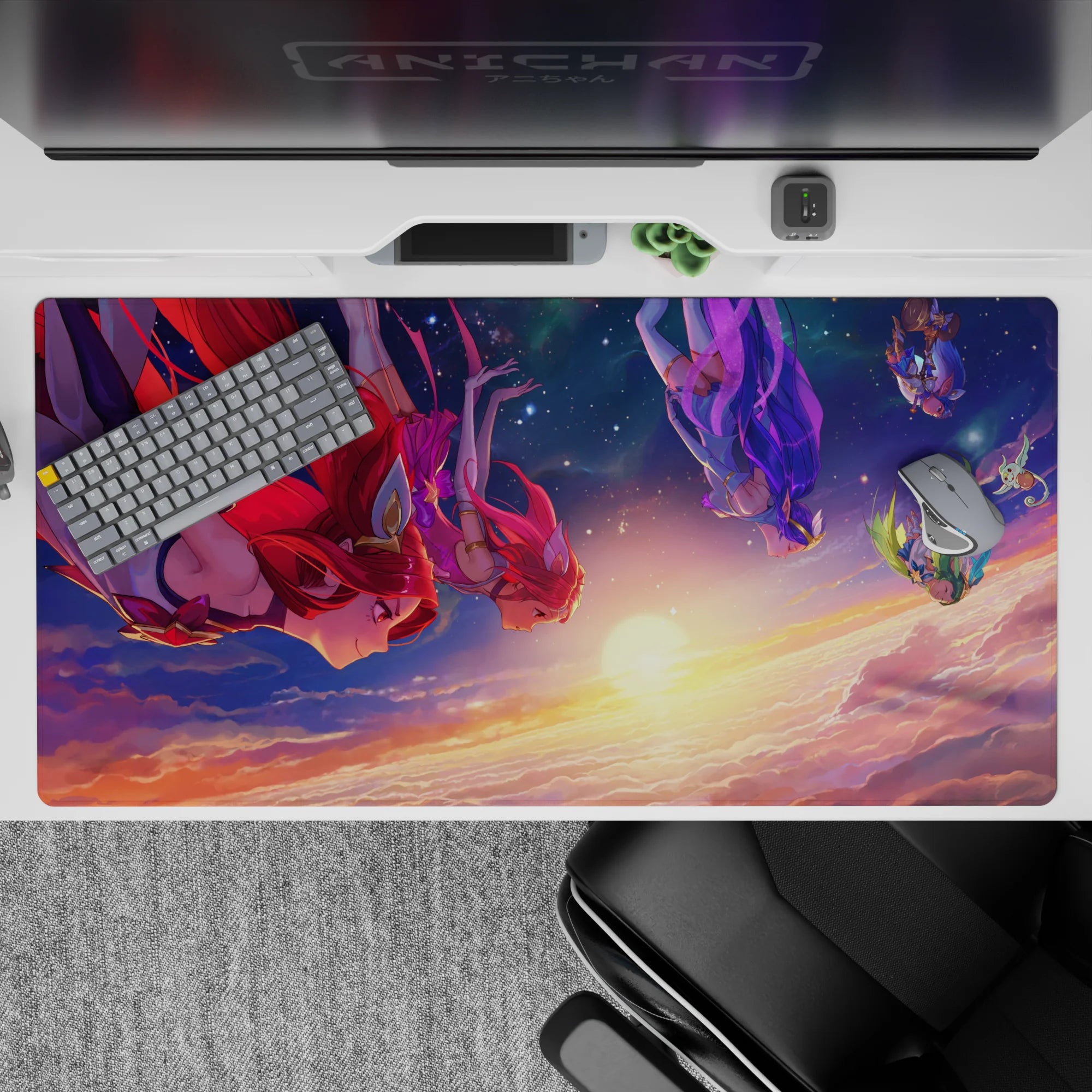 Cute anime mouse pad 40x20 inches in deep navy, gold horizon glow, red-violet hair, dreamy vibe.