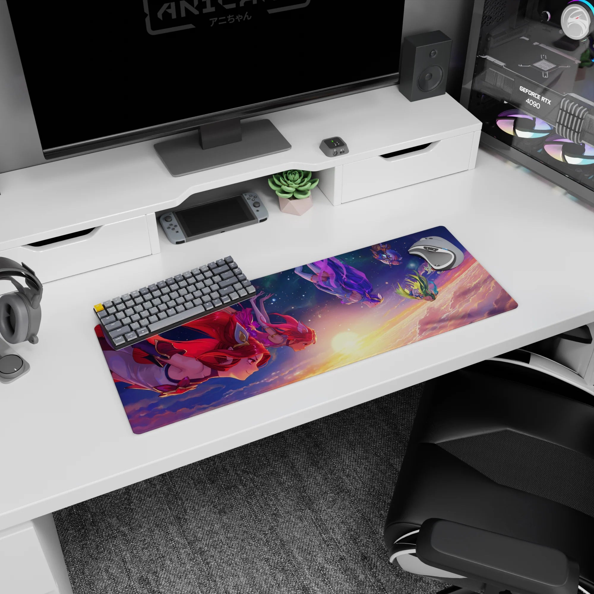 Anime girl mouse pad 32x12 inches showing two girls drifting over cloud sea at dawn with comet-like hair.