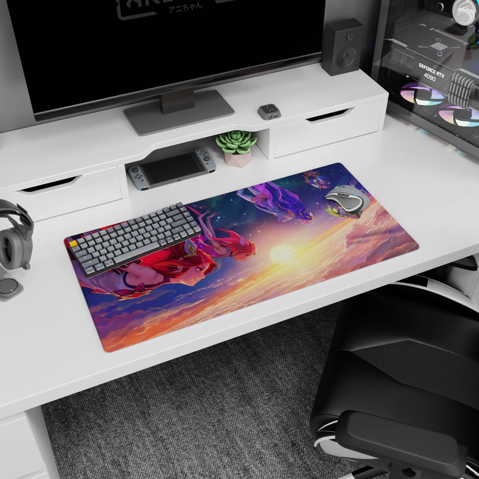 Anime girl mouse pad 32x16 inches showing two girls drifting over dawn clouds, comet-tail hair in space sky.