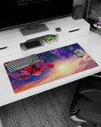 Anime girl mouse pad 32x16 inches showing two girls drifting over dawn clouds, comet-tail hair in space sky.