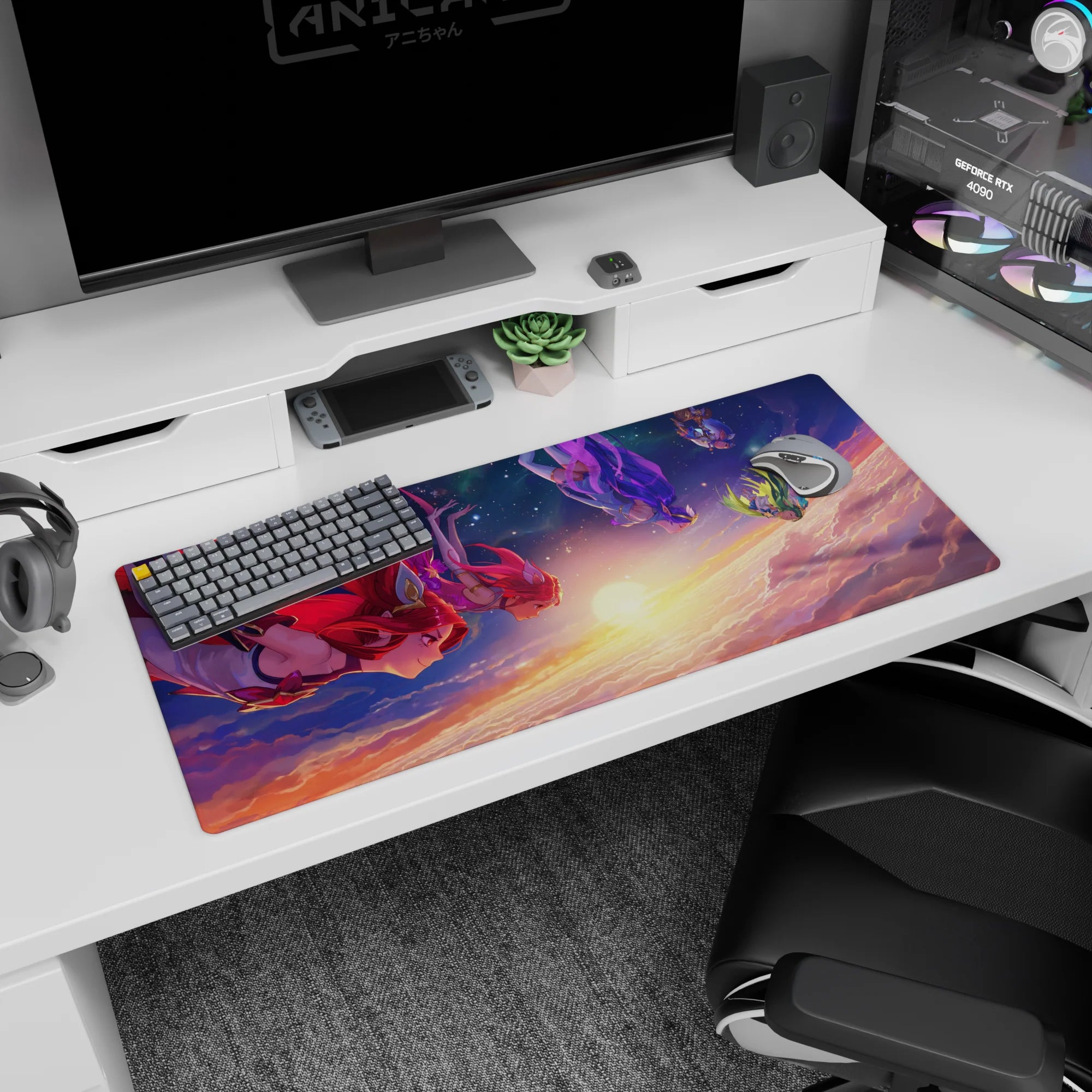 Cute desk pad 36x16 inches showing two anime girls drifting above dawn clouds with star-speckled space.