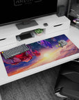 Cute desk pad 36x16 inches showing two anime girls drifting above dawn clouds with star-speckled space.