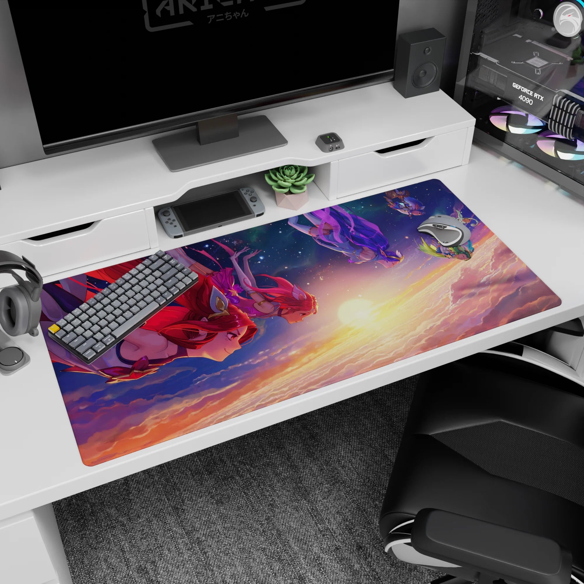 Anime girls drifting in the sky over soft cloud gradients, comet-tail hair, desk pad 40x20 inches.