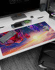 Anime girls drifting in the sky over soft cloud gradients, comet-tail hair, desk pad 40x20 inches.