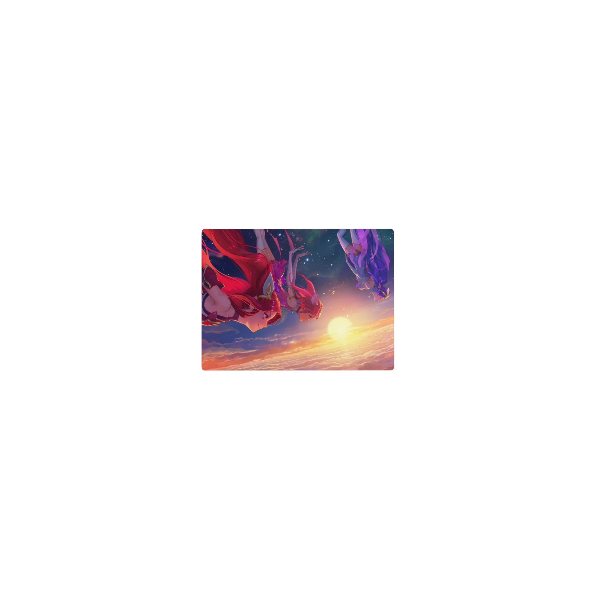 Classic anime girl mouse pad 14x10 inches with floating girls above sunrise clouds, starry sky backdrop.