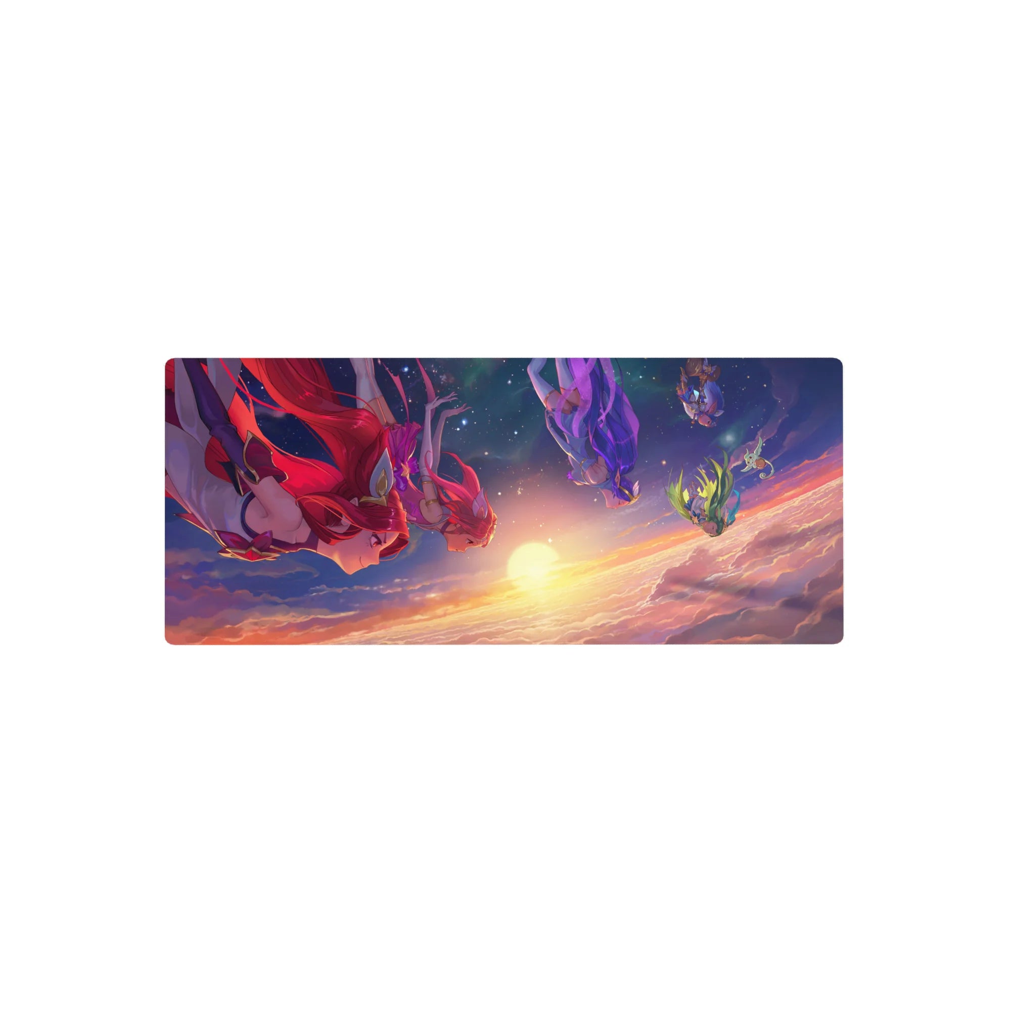 28x12 inches anime girl mouse pad with floating girls over sunrise clouds, stars and space-themed desk mat.