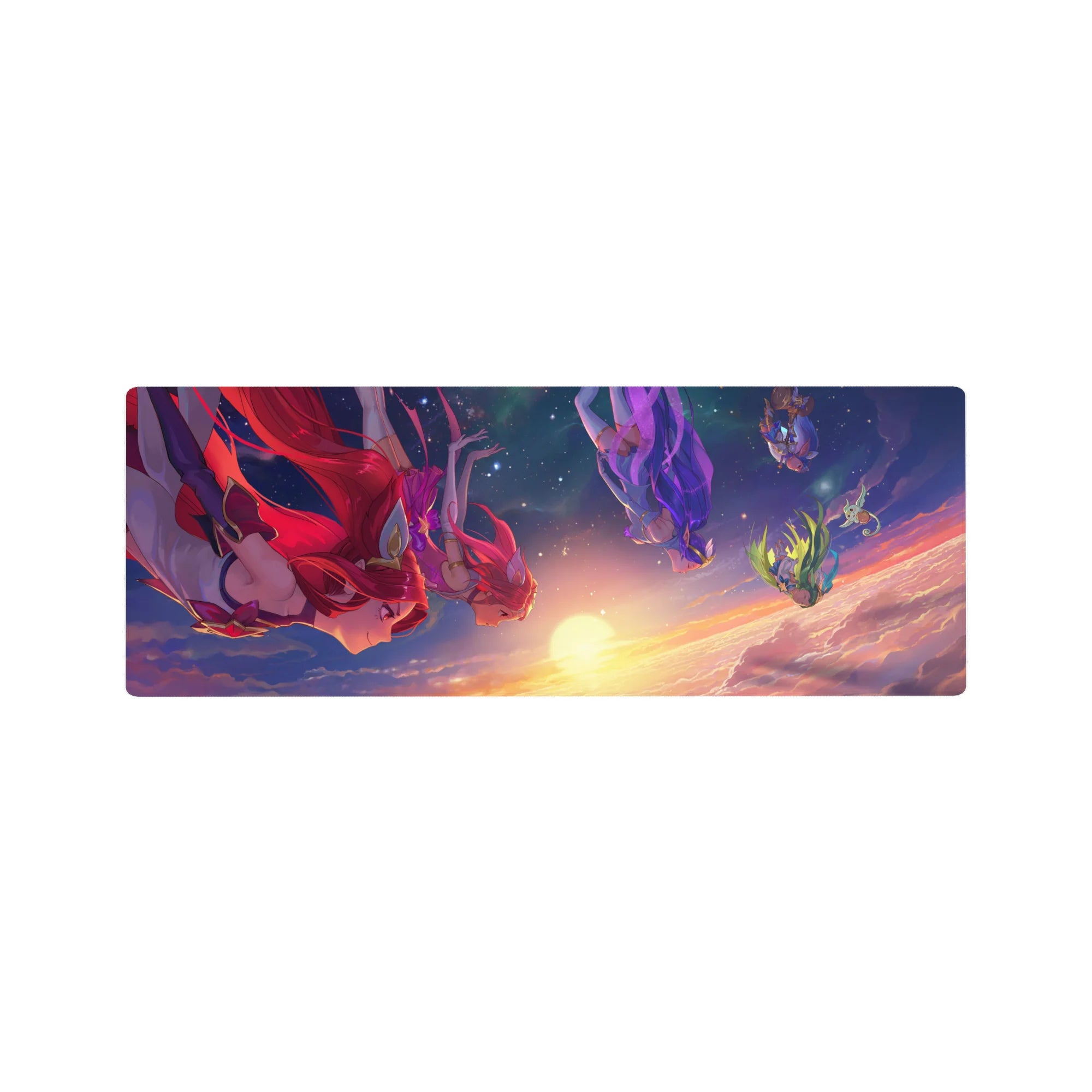 Anime girl mouse pad 32x12 inches with floating girls above sunrise clouds, starry space desk pad.