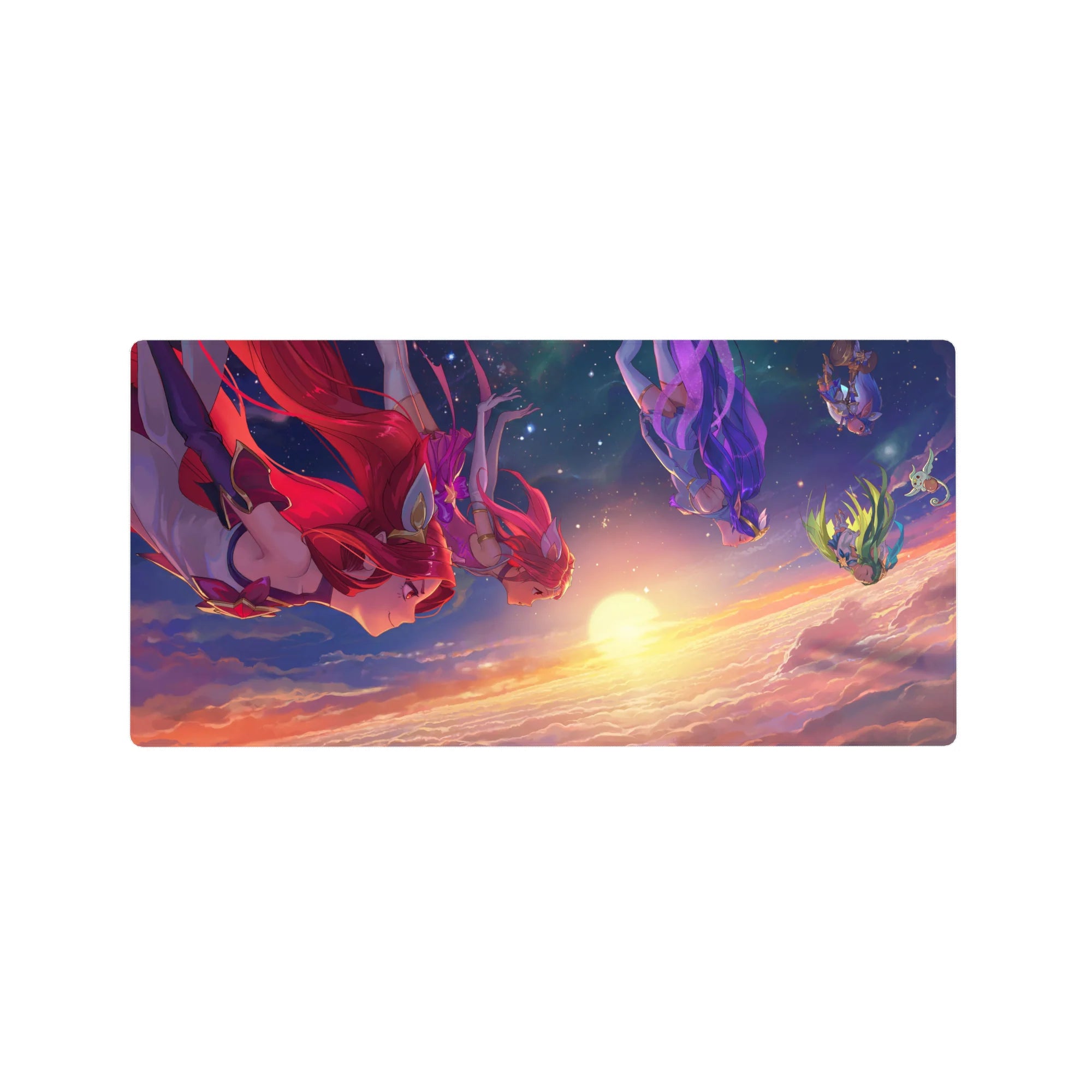 Anime girl mouse pad 32x16 inches with sky-magic theme, floating girls above sunrise clouds and stars.