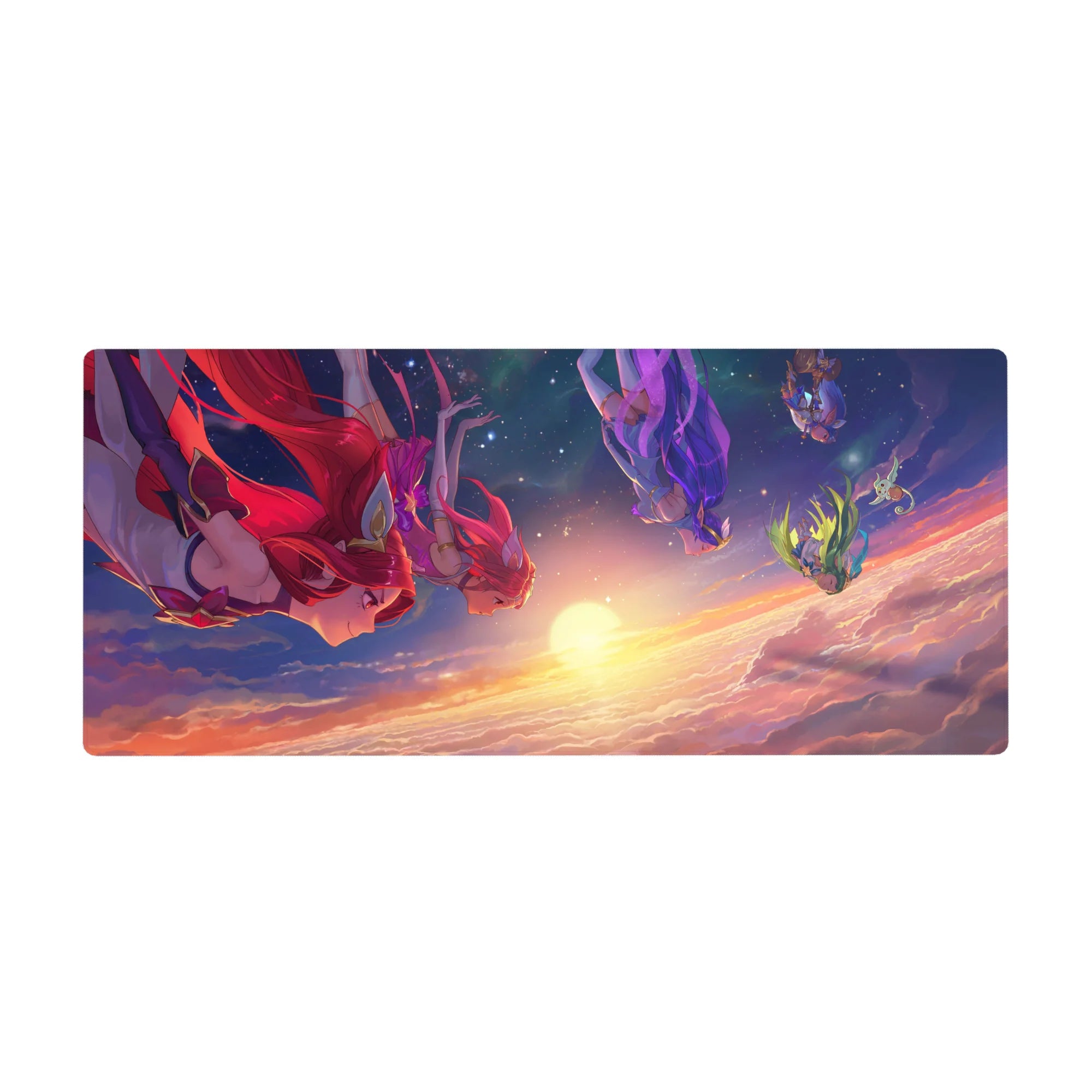 Anime girl desk pad 36x16 inches with floating girls over sunrise clouds, stars, and flowing hair.