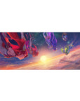 Anime girl desk pad 36x16 inches with floating girls over sunrise clouds, stars, and flowing hair.