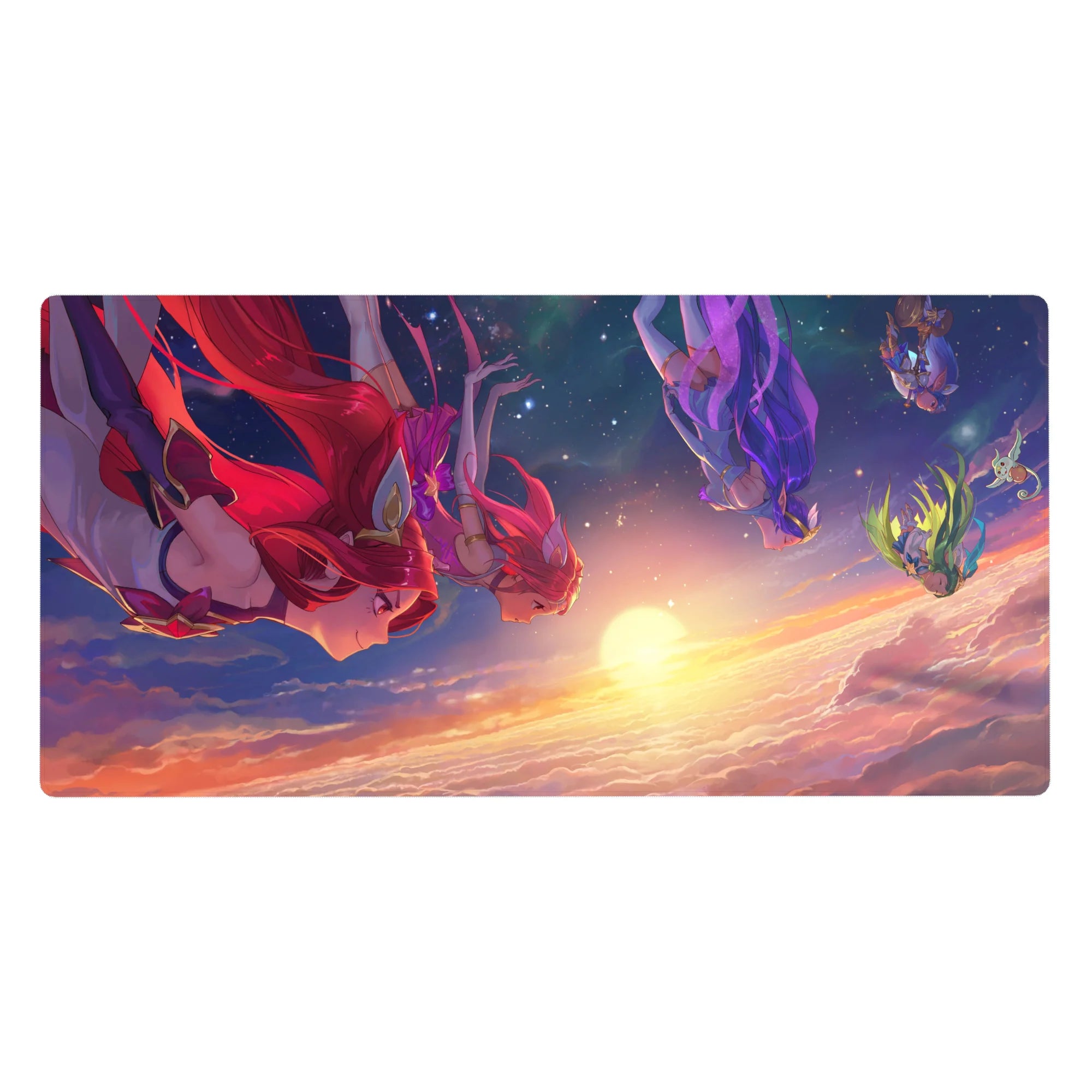 Anime girl desk pad 40x20 inches with floating girls above sunrise clouds and starry space backdrop.