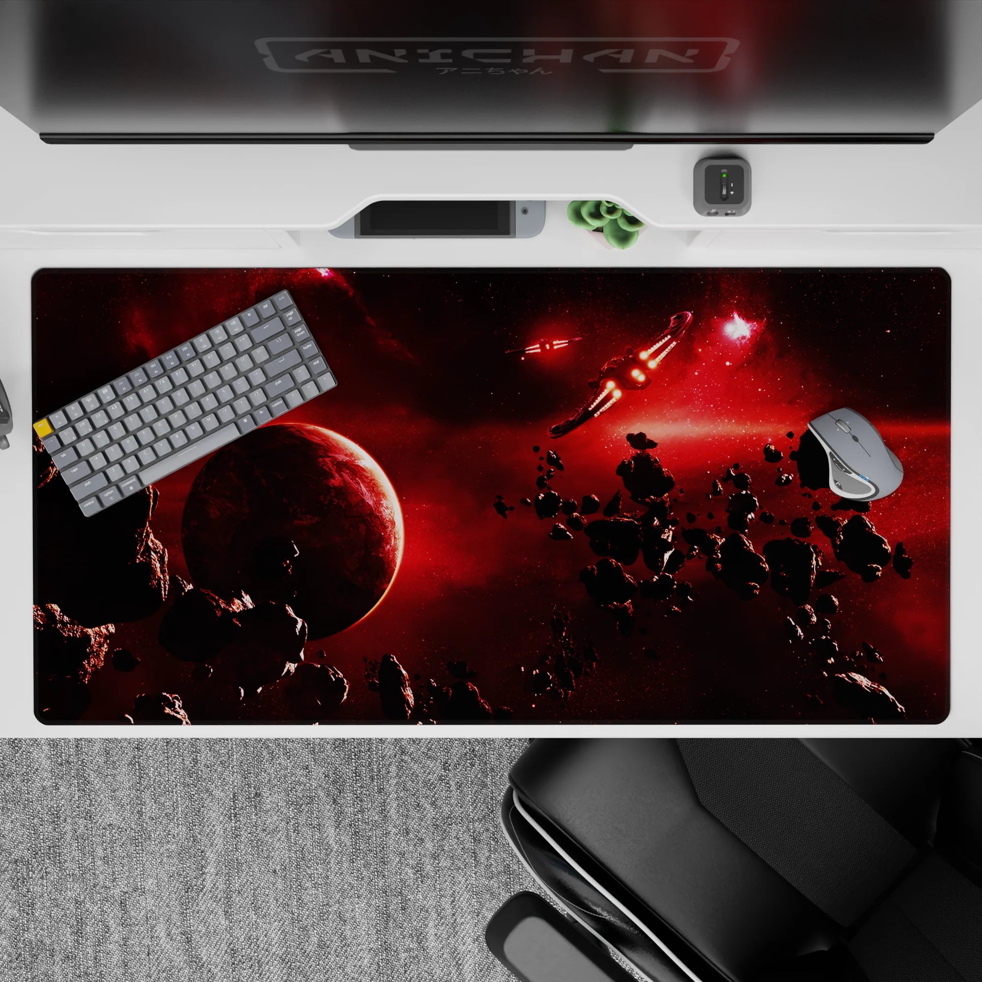 Moody deep red-to-black space desk pad 40x20 inches with spark-like stars for a dramatic vibe.