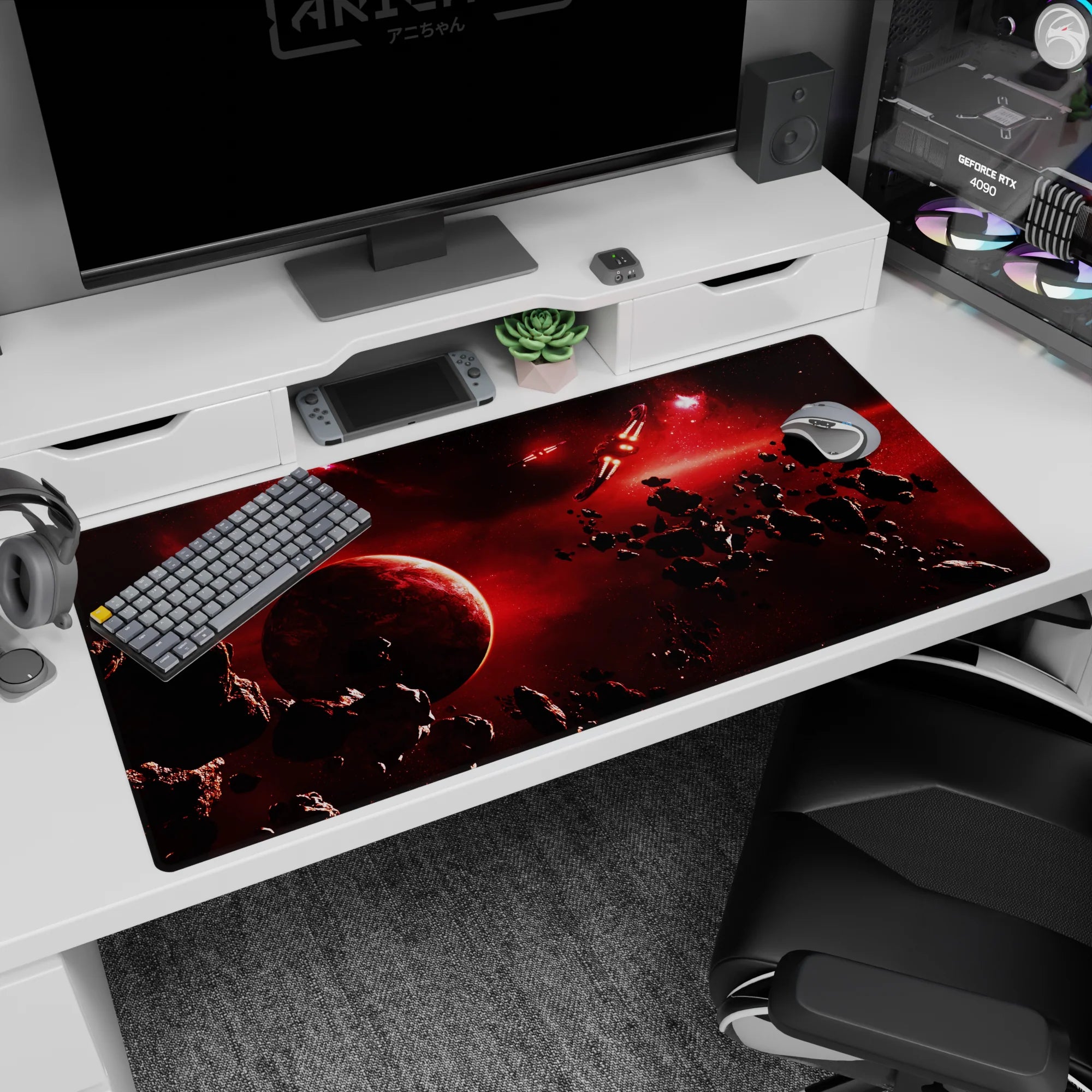 Space scene desk pad 40x20 inches featuring a low-hanging dark planet, floating asteroids, and a fast ship.
