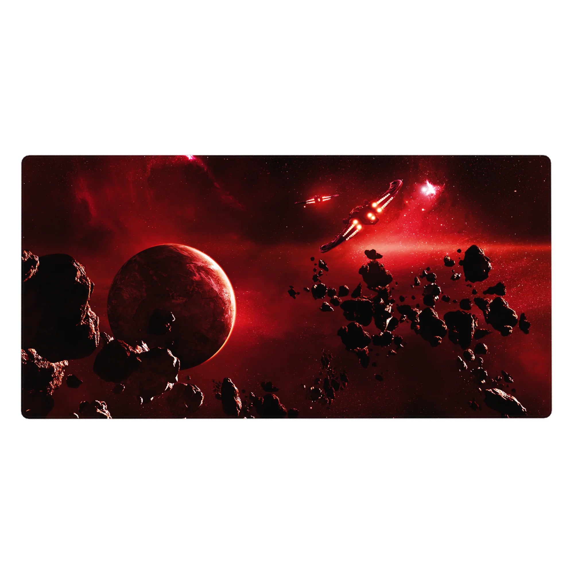 Crimson galaxy sci‑fi desk pad 40x20 inches with shadowy planet, asteroids, and a sleek ship trail.