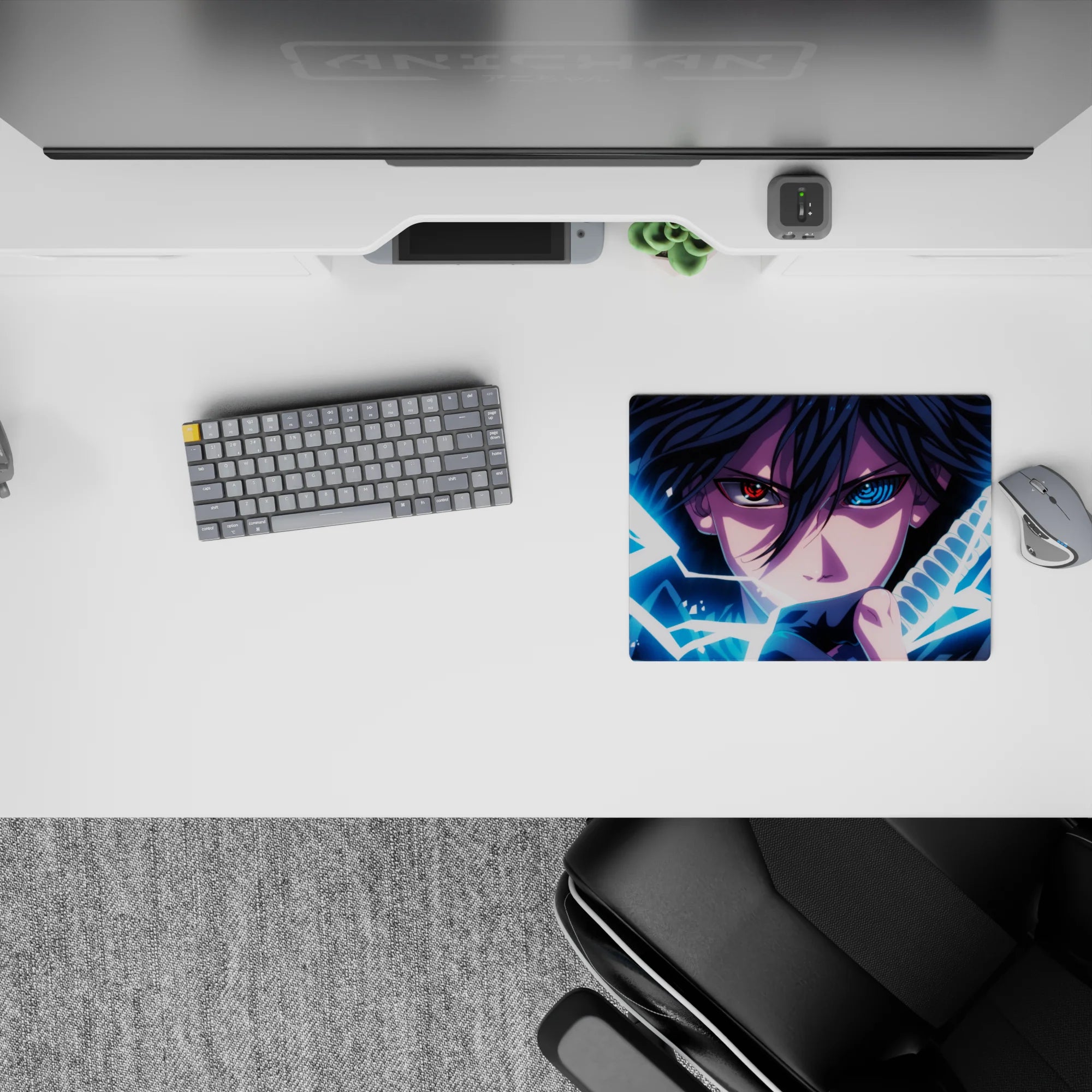 Neon blue lightning and deep purple shadows on a classic anime mouse pad 14x10 inches, dark edgy vibe.