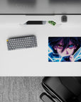 Neon blue lightning and deep purple shadows on a classic anime mouse pad 14x10 inches, dark edgy vibe.