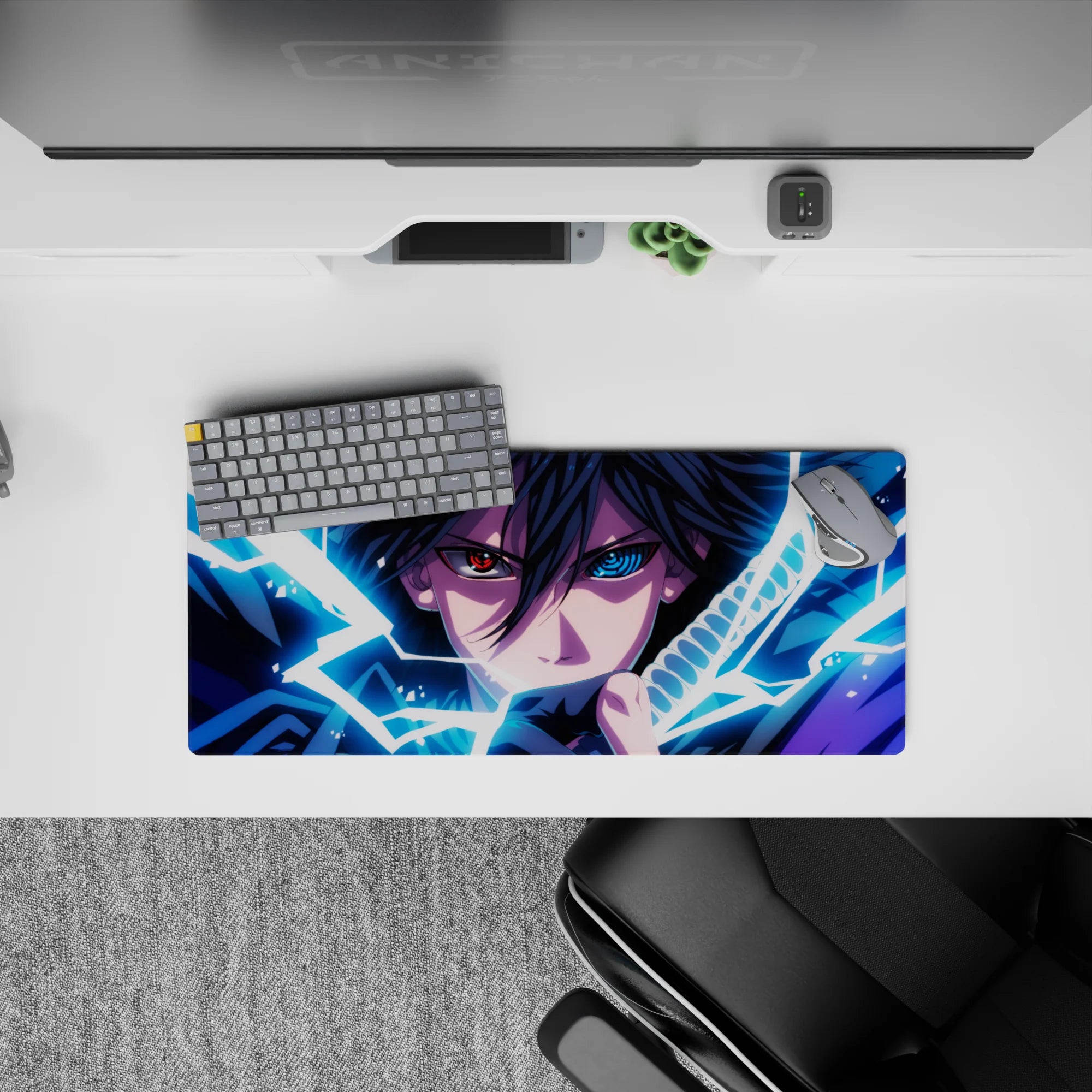 28x12 inches anime mouse pad in electric blues and deep purples, intense moody glow for gaming desks.