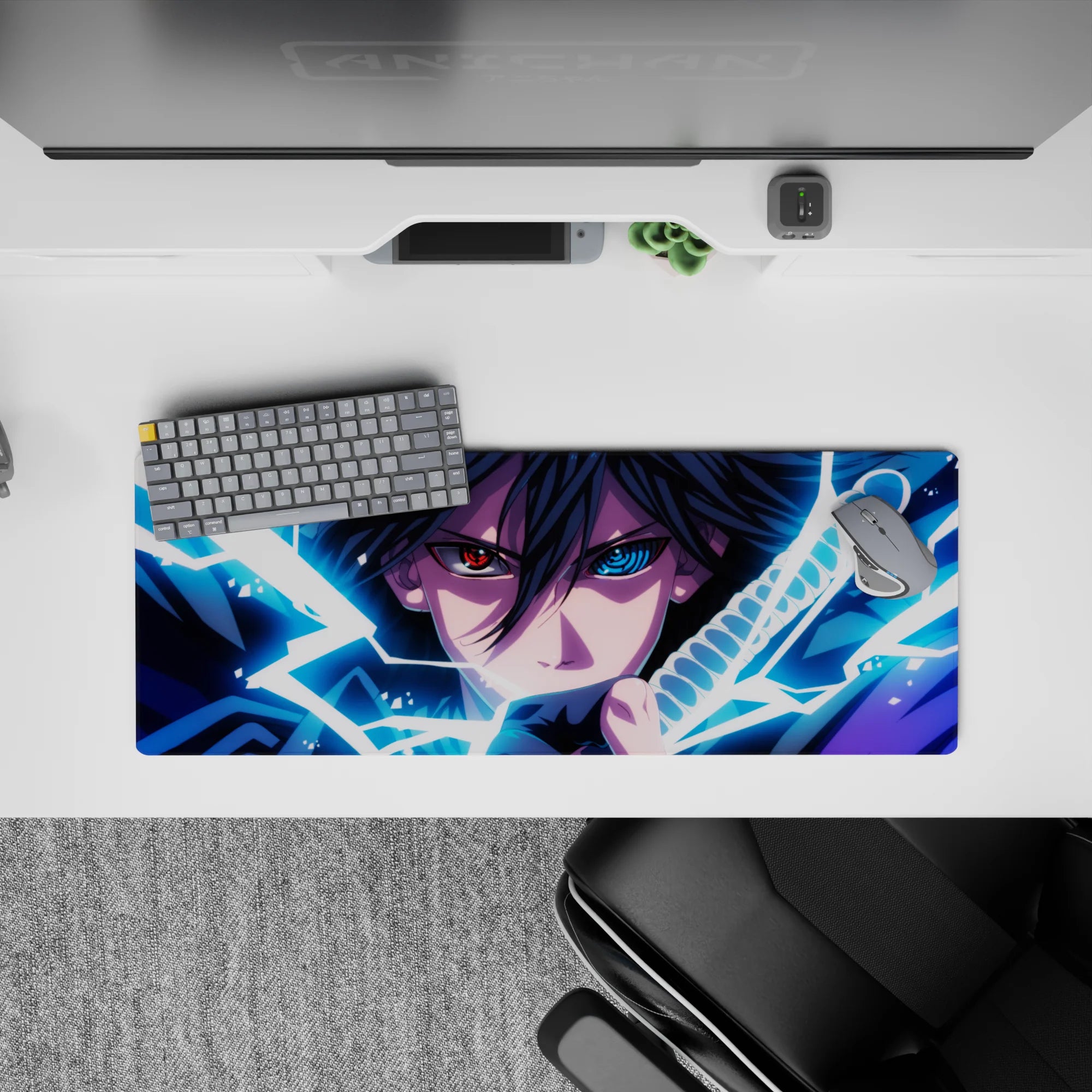 32x12 inches anime mouse pad in electric blues and deep purples, dark shadows, and edgy dramatic vibe.