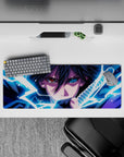 32x12 inches anime mouse pad in electric blues and deep purples, dark shadows, and edgy dramatic vibe.