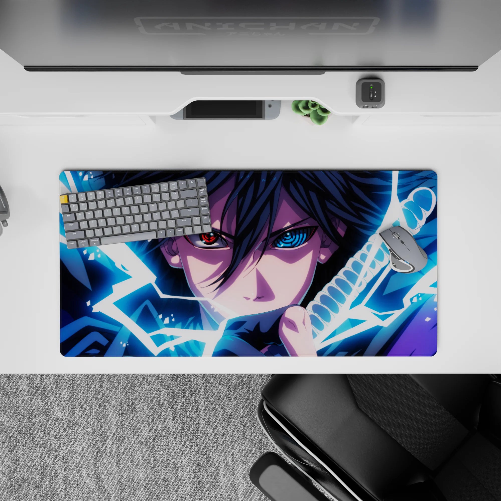 32x16 inches anime mouse pad in deep purples and inky shadows with electric blue lightning accents.